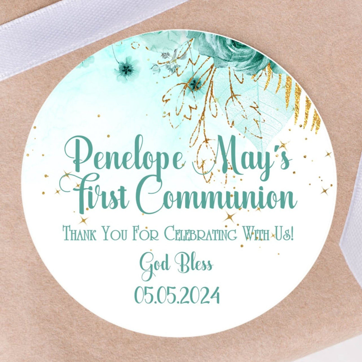 Aqua and gold First Communion sticker with watercolor design