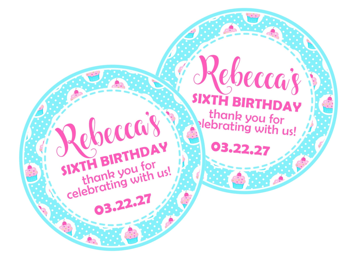 Aqua cupcake birthday sticker with pink polka-dot cupcakes