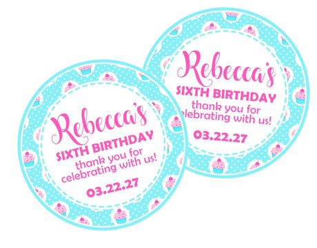 Aqua cupcake birthday sticker with pink polka-dot cupcakes