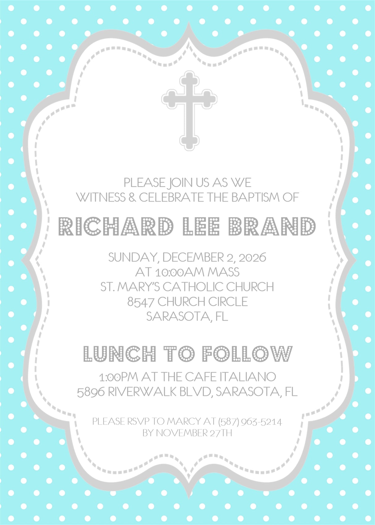 Aqua religious invitation for baptism christening or confirmation