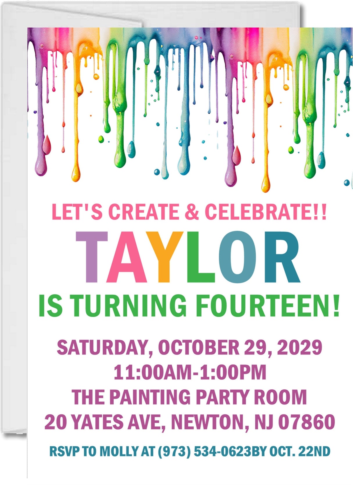 Art birthday party invitation with a colorful paint splatter design and text detailing the party information.