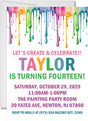 Art birthday party invitation with a colorful paint splatter design and text detailing the party information.