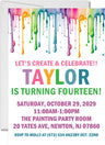 Art birthday party invitation with a colorful paint splatter design and text detailing the party information.