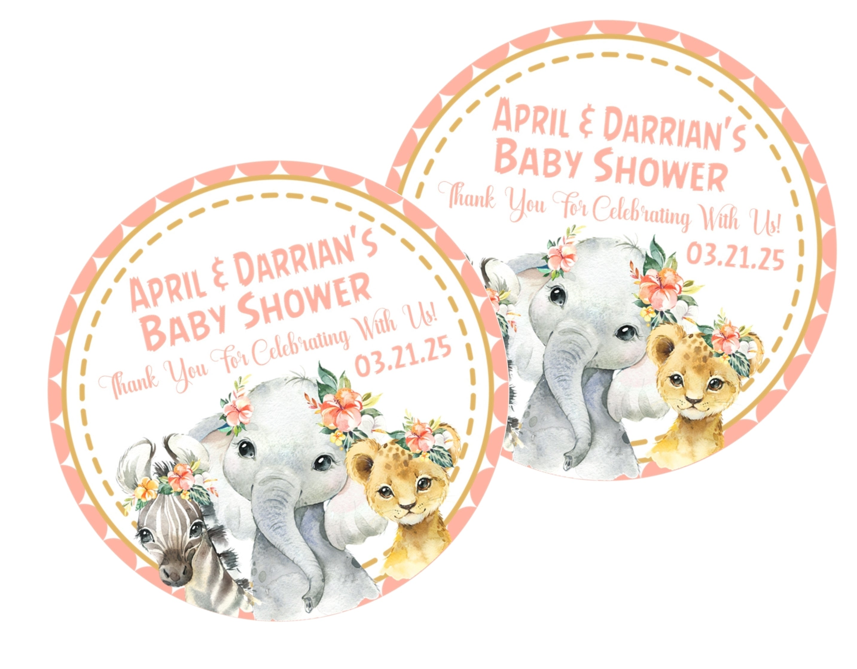 Girls Safari Animals Baby Shower Stickers Or Favor Tags