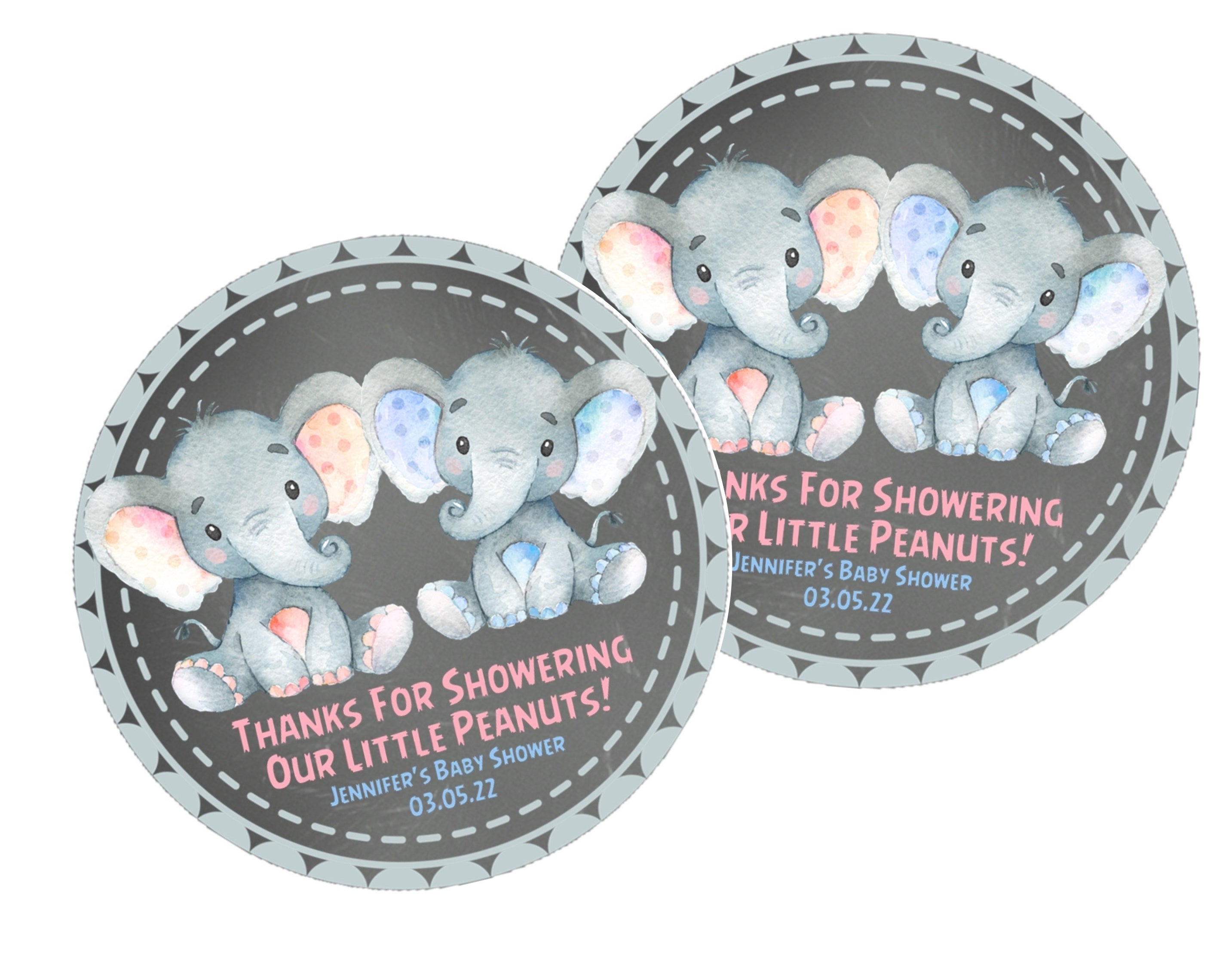 Twins Elephant Baby Shower Stickers Or Favor Tags