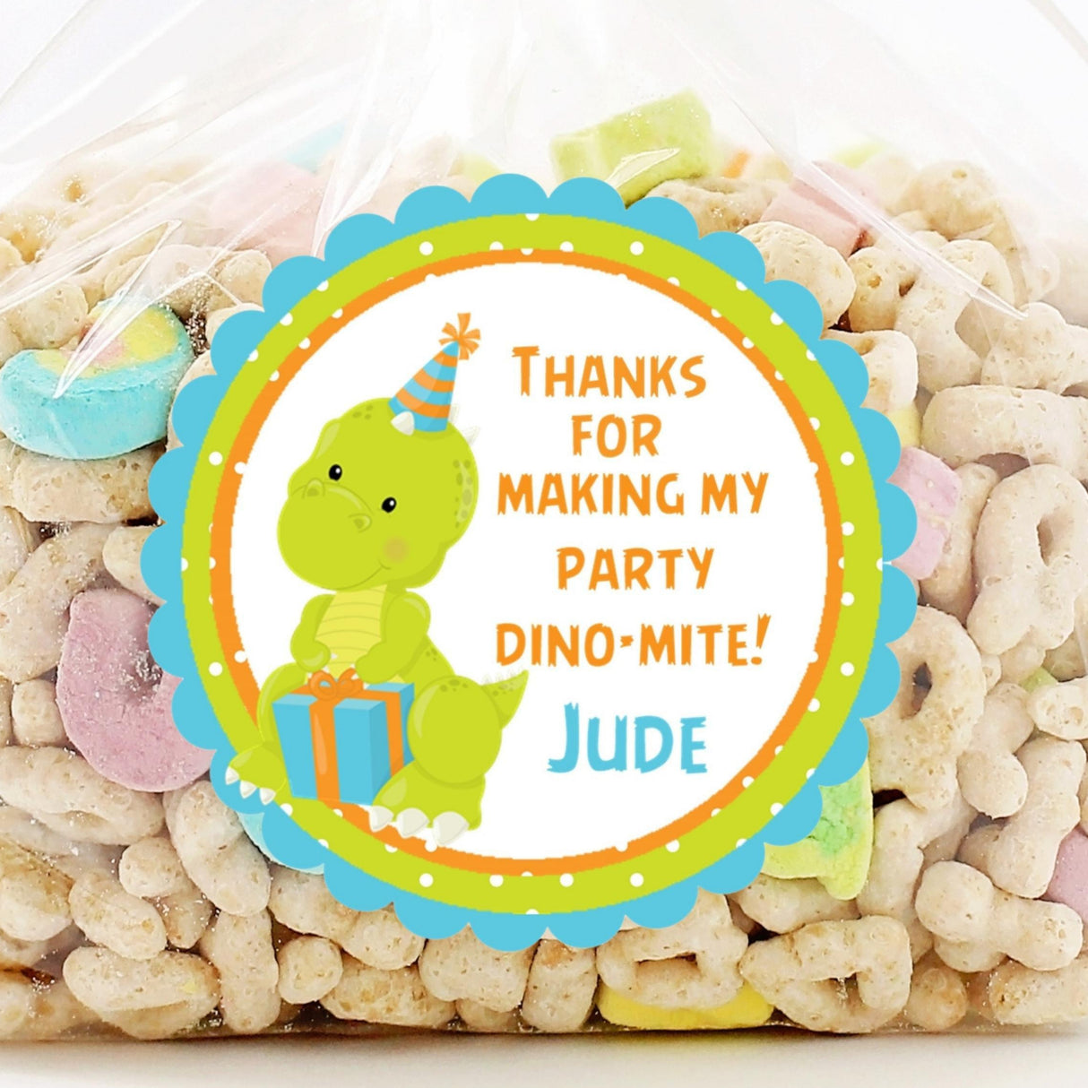 Baby dinosaur birthday sticker with scalloped border