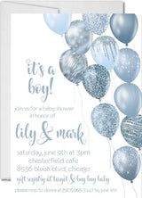 Baby shower invitation with blue balloons and text