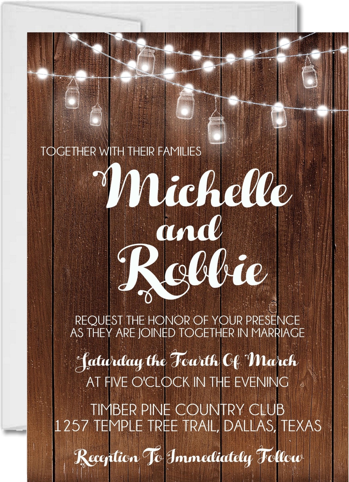 Barn wedding invitation with rustic wood texture and elegant script lettering