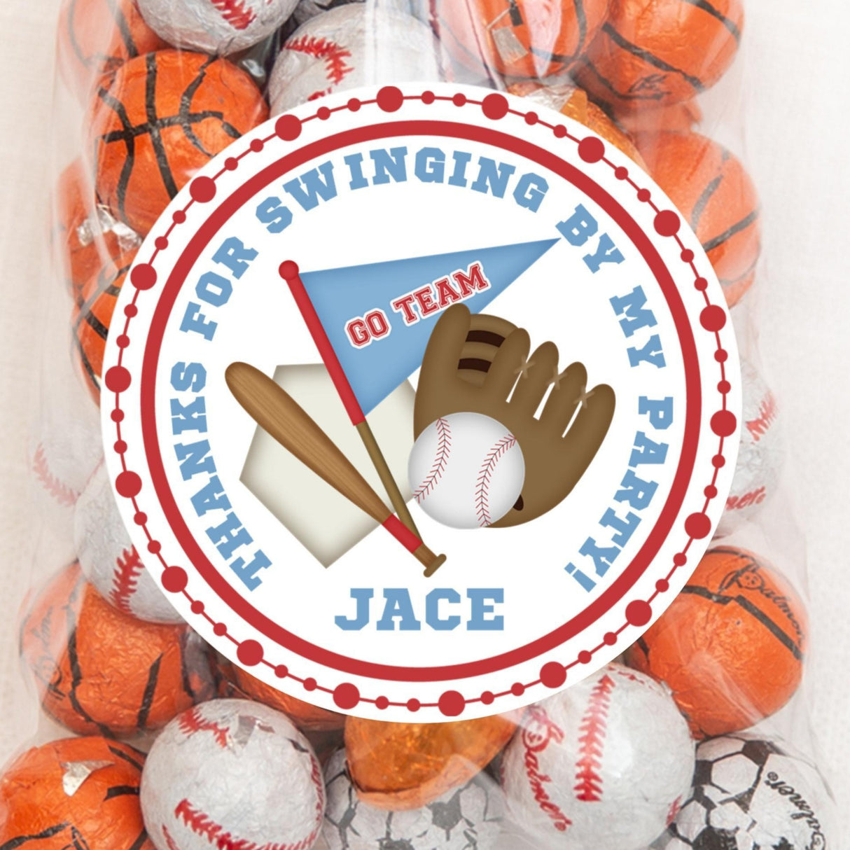 Baseball birthday favor sticker with pennant glove bat and ball