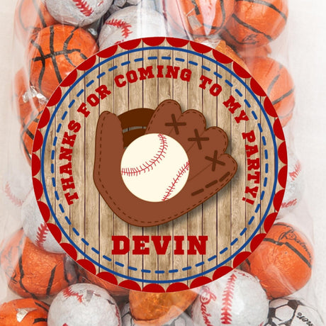 Baseball glove and ball thank you sticker with wood background