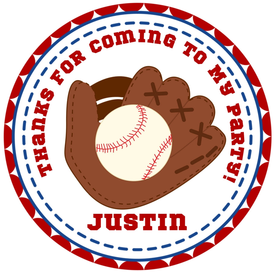Baseball party sticker with bat and ball and personalized name