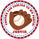 Baseball party sticker with bat and ball and personalized name