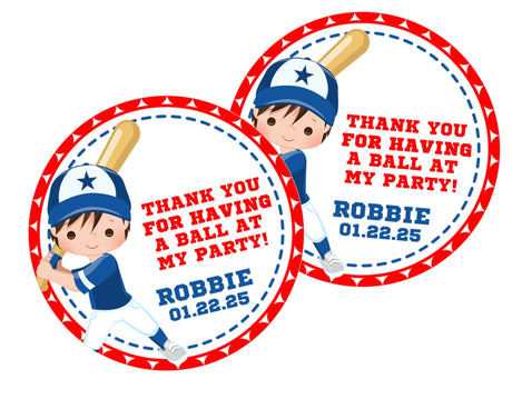 Baseball player birthday sticker with red star border