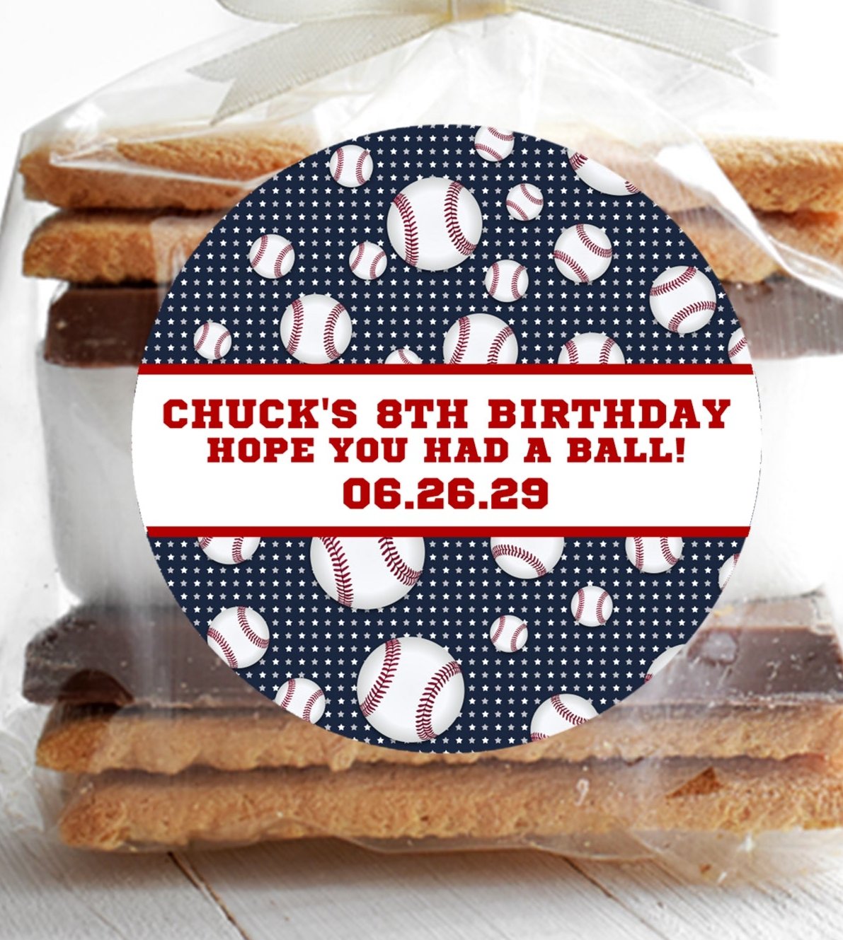 Baseball themed party label with white center band