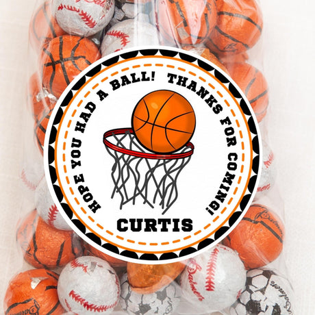 Basketball birthday sticker with large orange ball in net