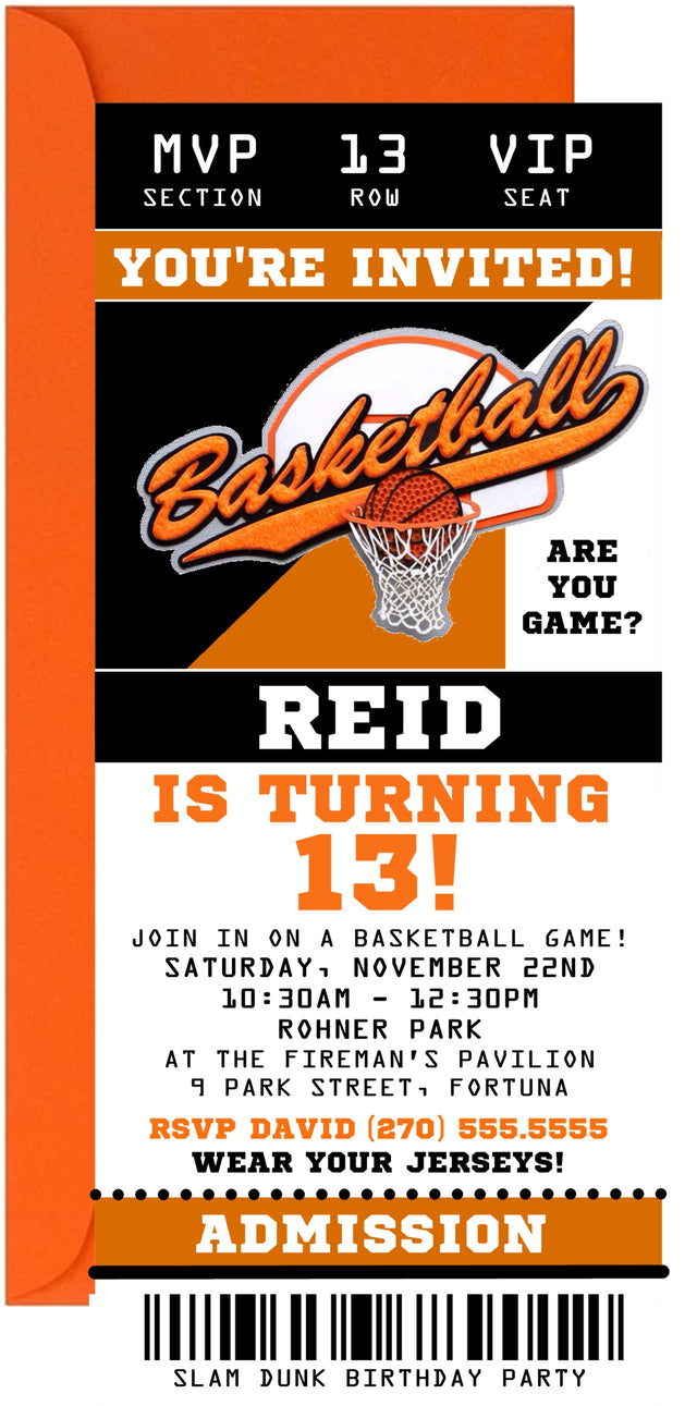 Basketball birthday ticket invitation with sports themed graphics