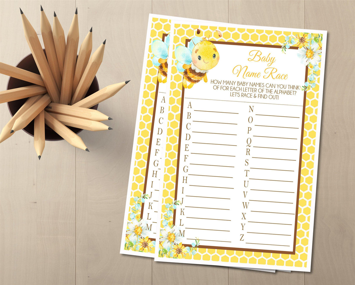 Bee baby shower name race printable sheet