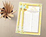 Bee baby shower name race printable sheet