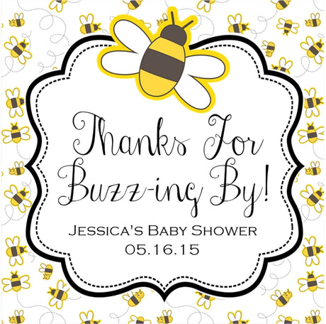 Bee baby shower sticker with buzzing bees pattern design