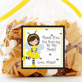 Bee girl birthday sticker with yellow polka-dot dress and personalized message