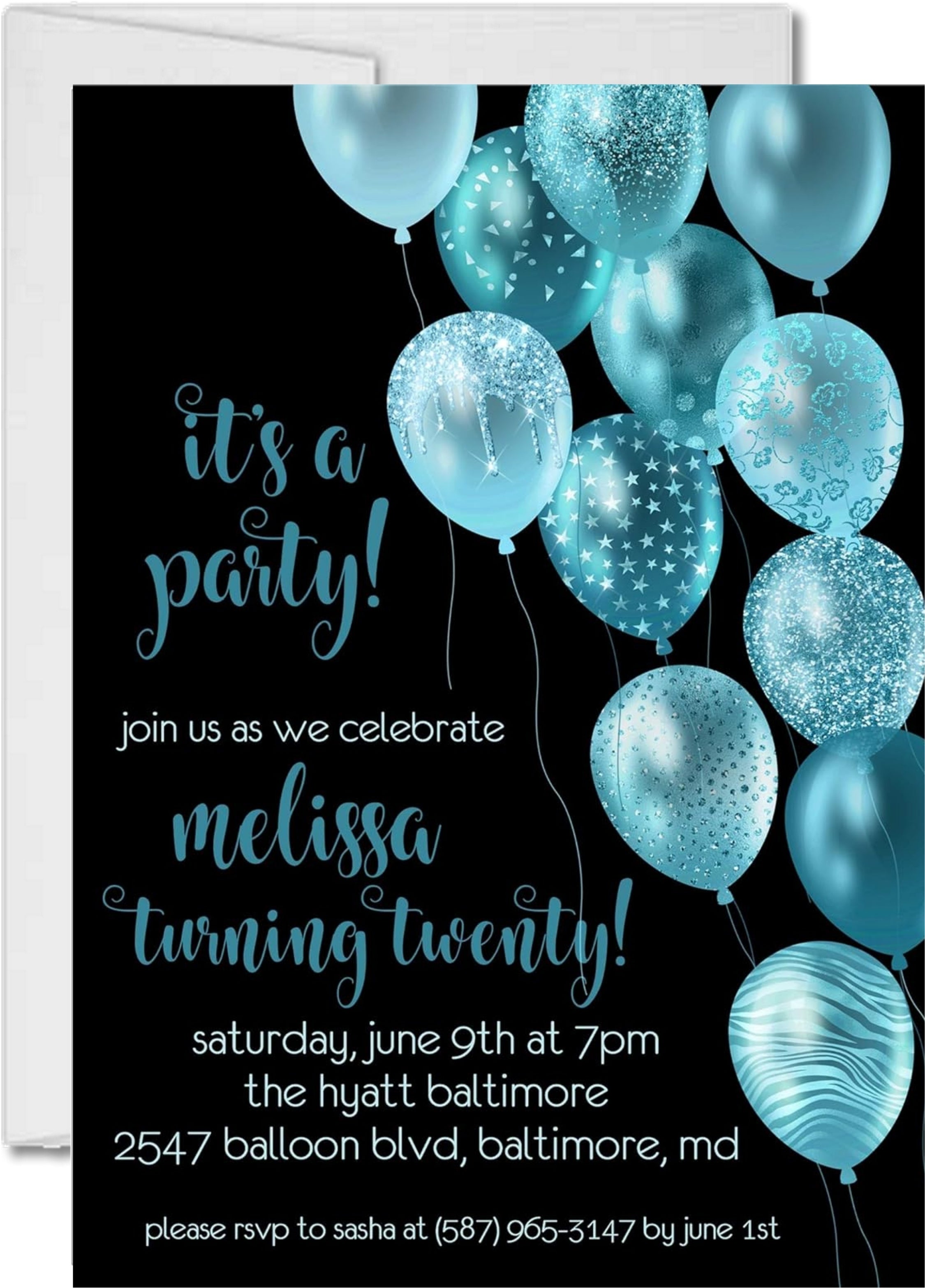 Turquoise And Black Balloon Birthday Party Invitations