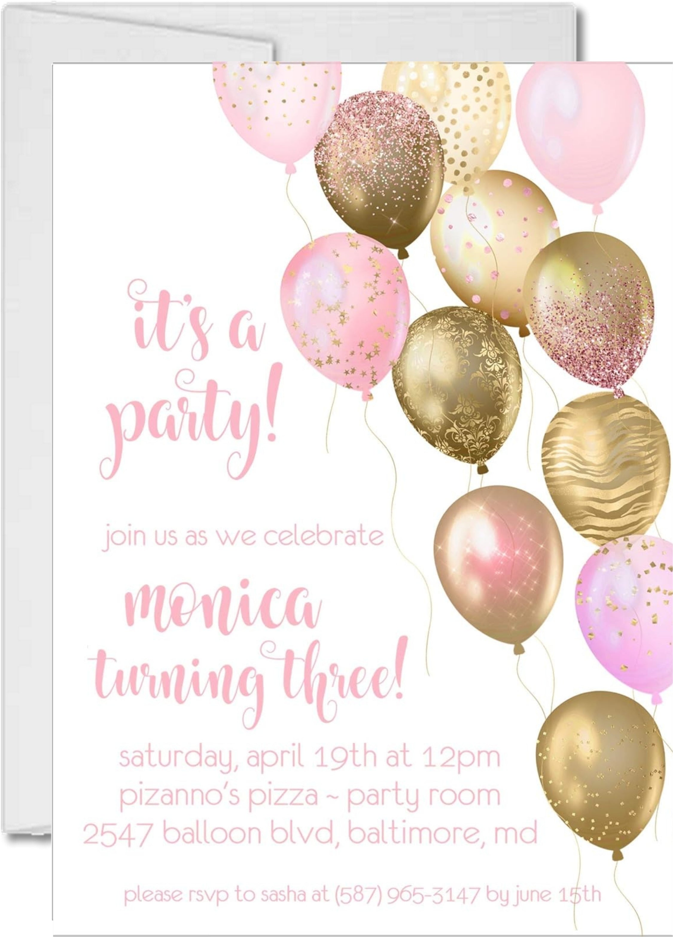 Pink And Gold Balloon Birthday Party Invitations