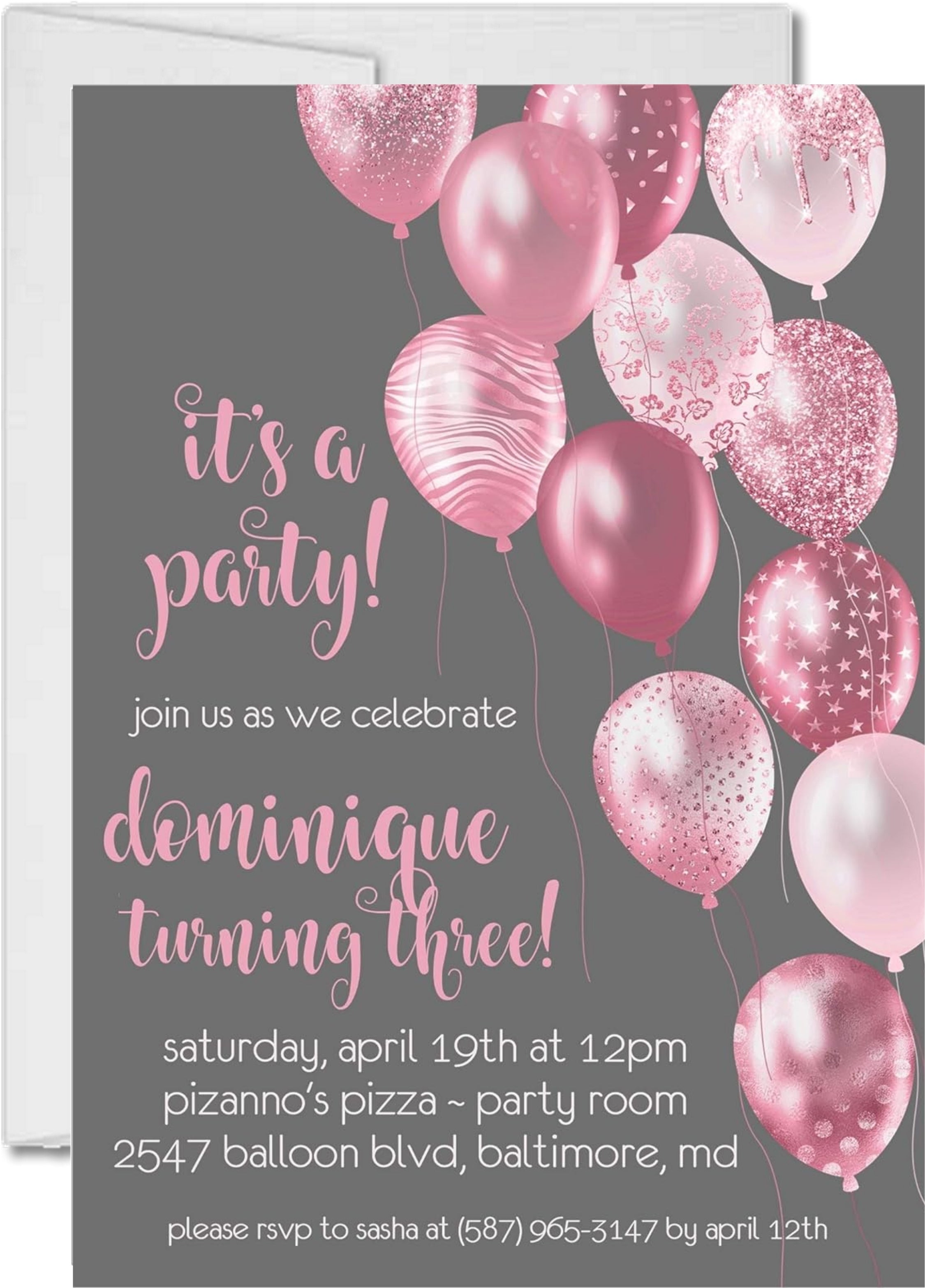 Rose Pink And Grey Balloon Birthday Party Invitations