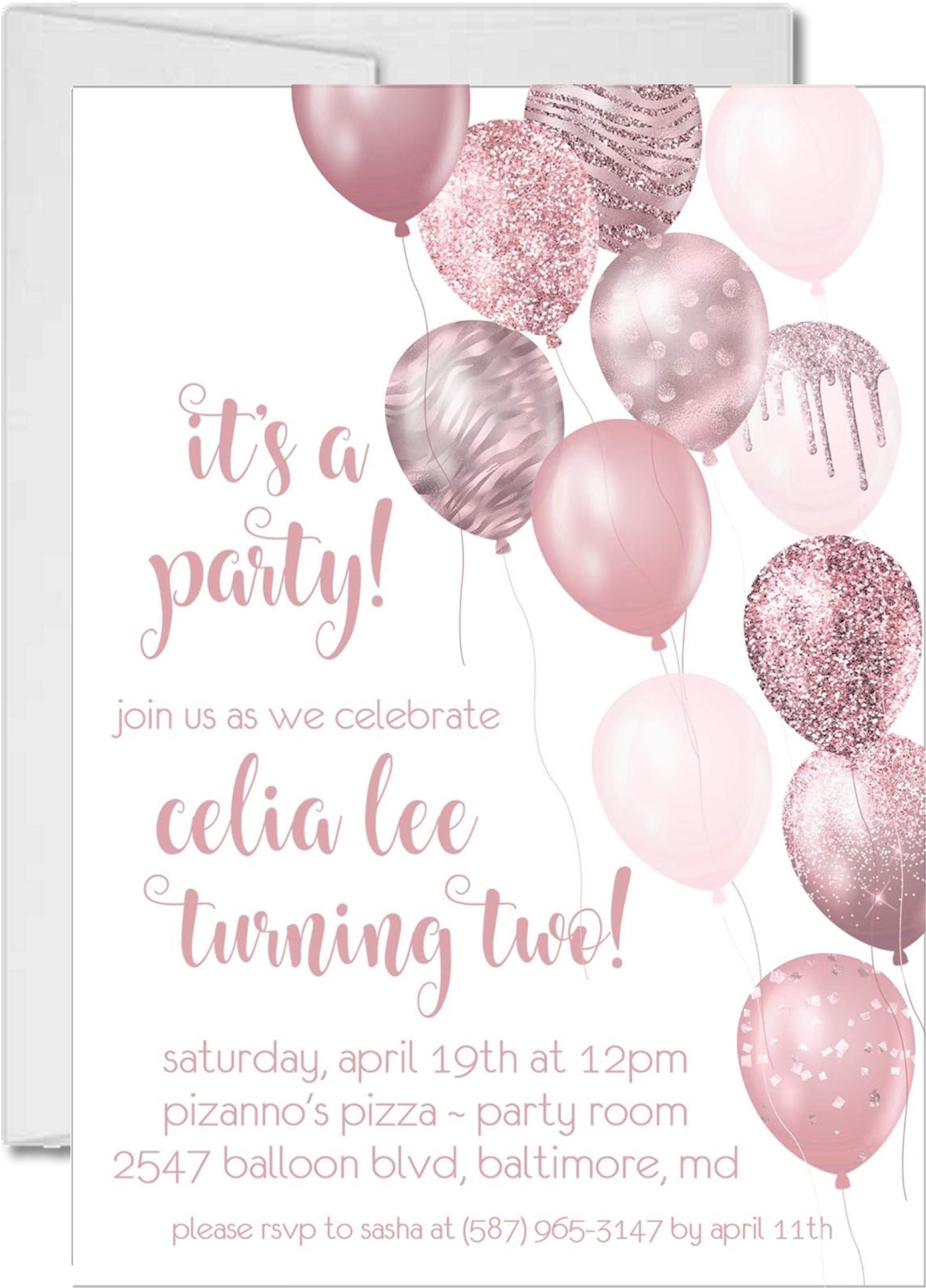 Rose Gold Balloon Birthday Party Invitations