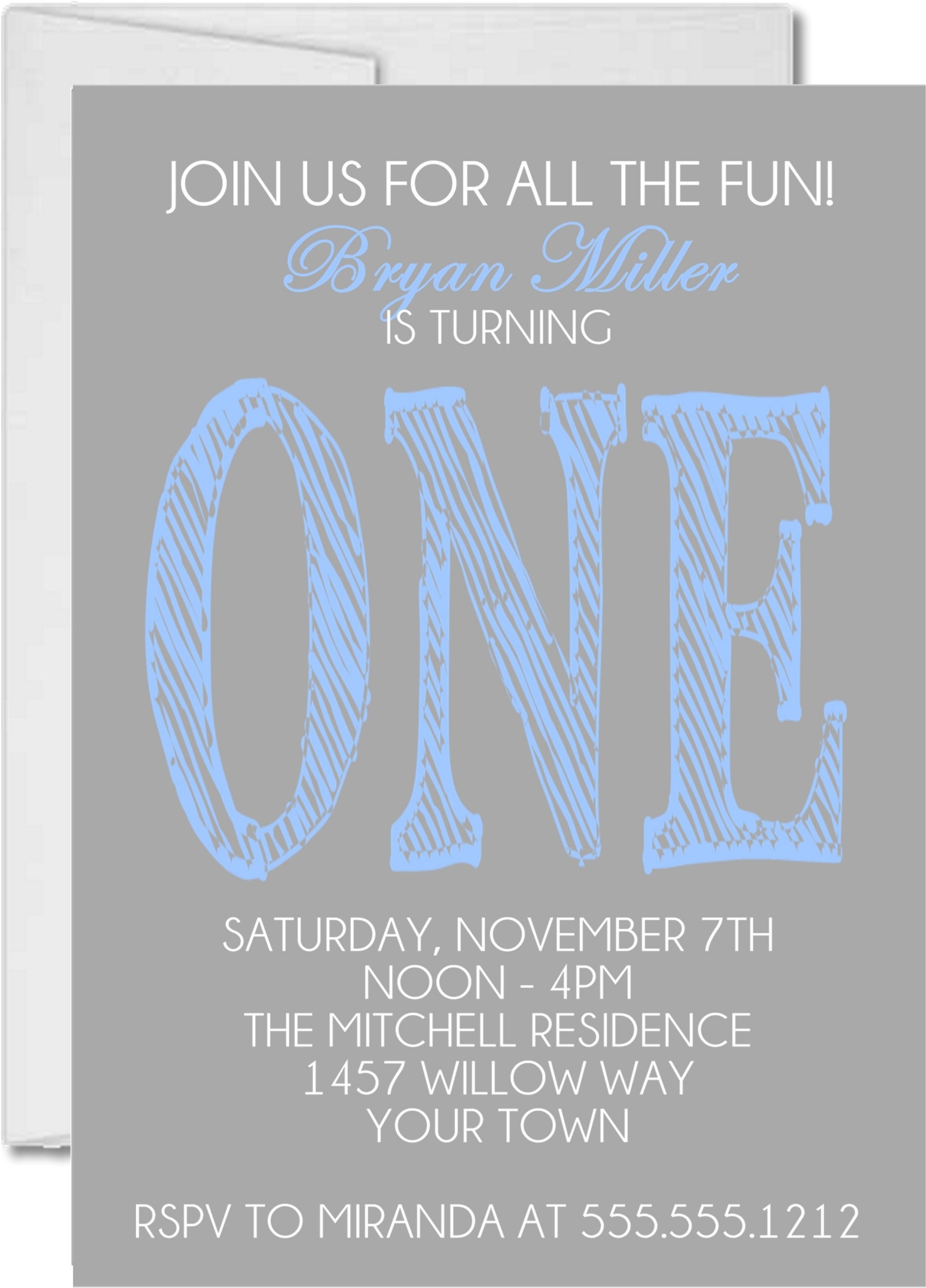 Grey And Blue 1st Birthday Party Invitations