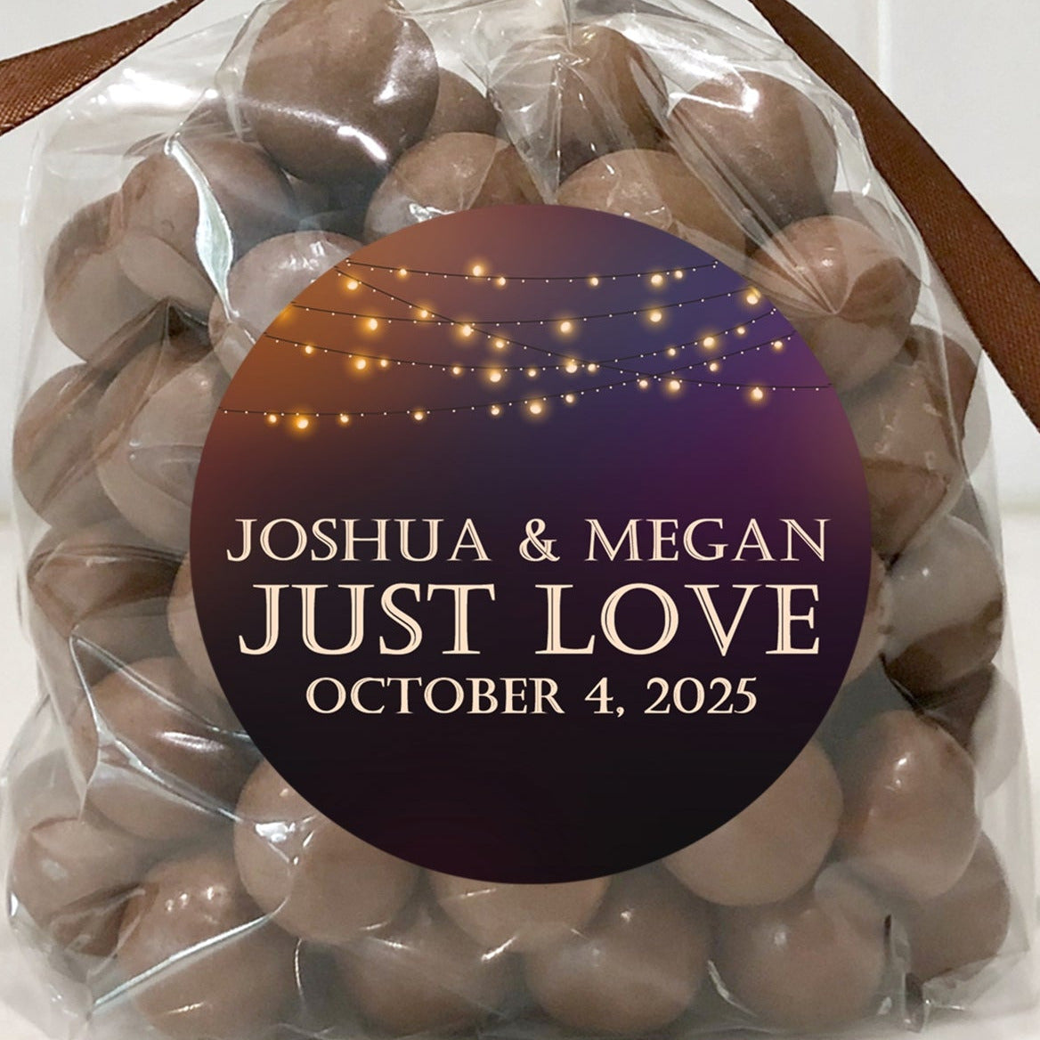 Bistro light wedding sticker with glowing string lights and just love text