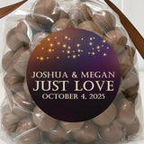 Bistro light wedding sticker with glowing string lights and just love text