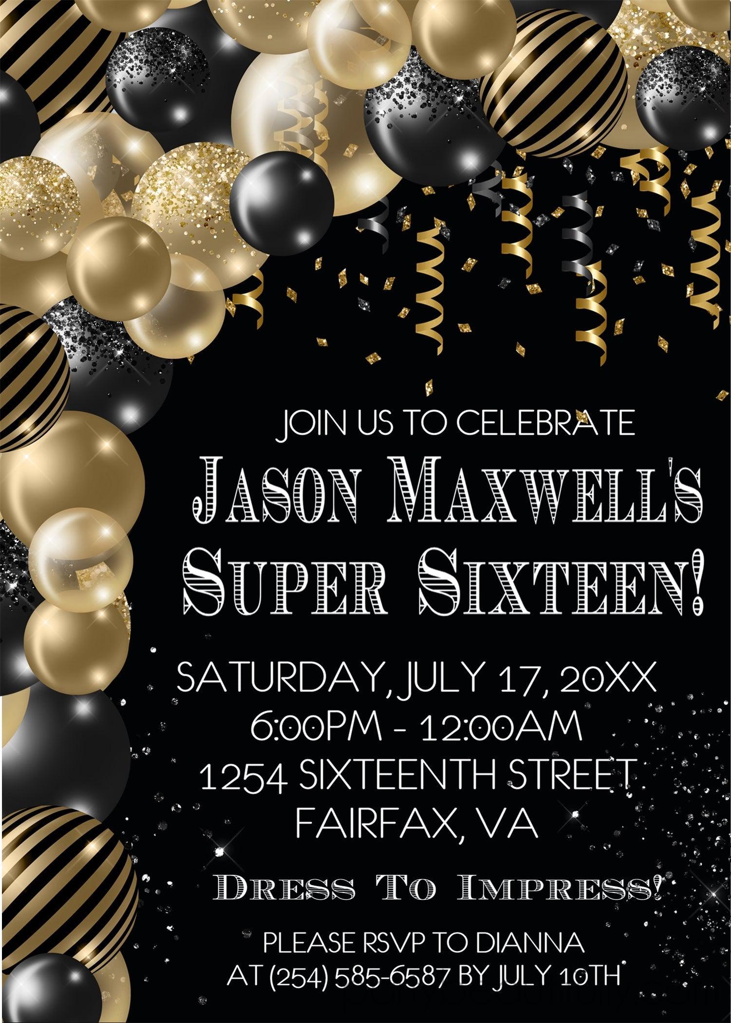 Black And Gold Balloon Super 16 Birthday Party Invitations