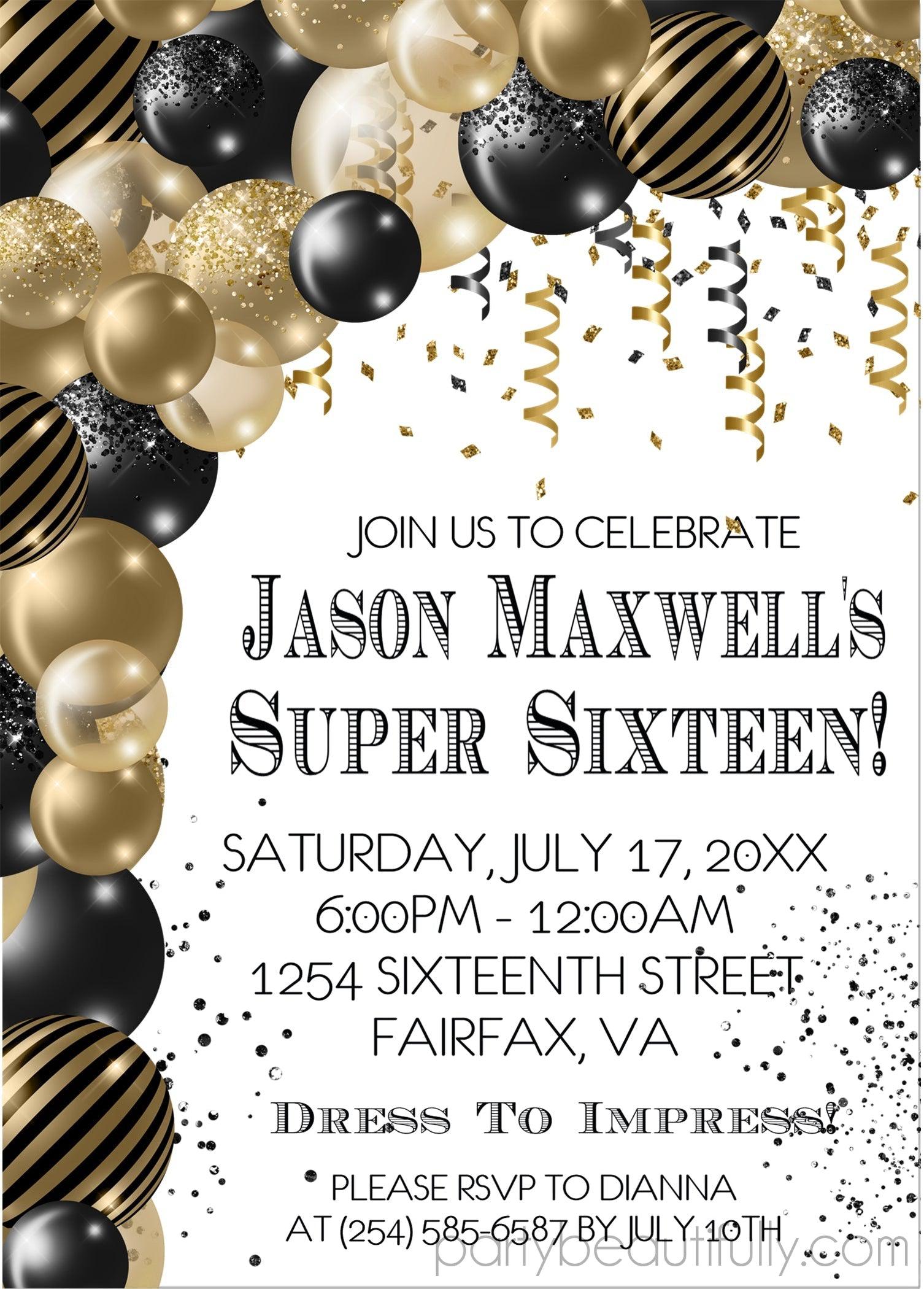 Black And Gold Balloon Super 16 Birthday Party Invitations