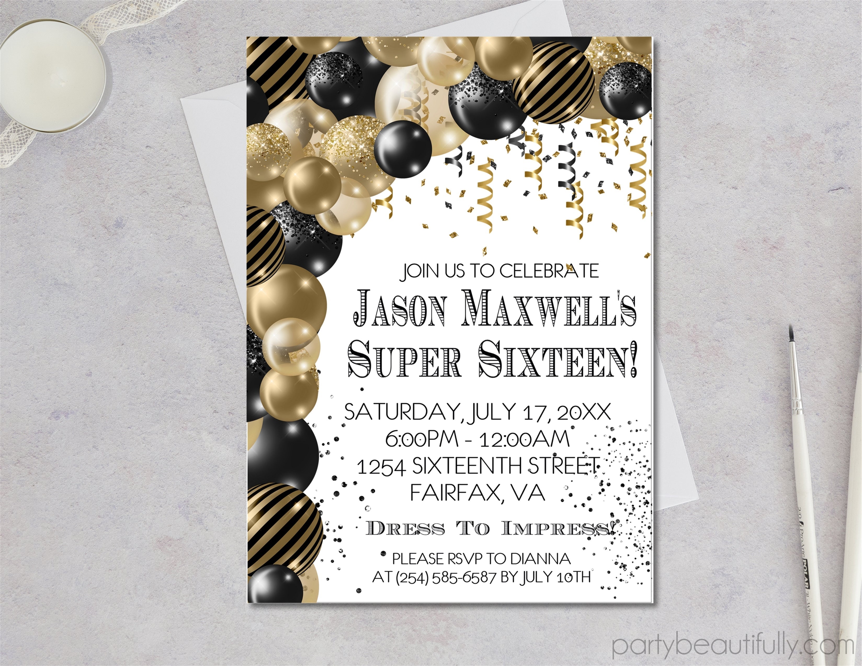 Black And Gold Balloon Super 16 Birthday Party Invitations