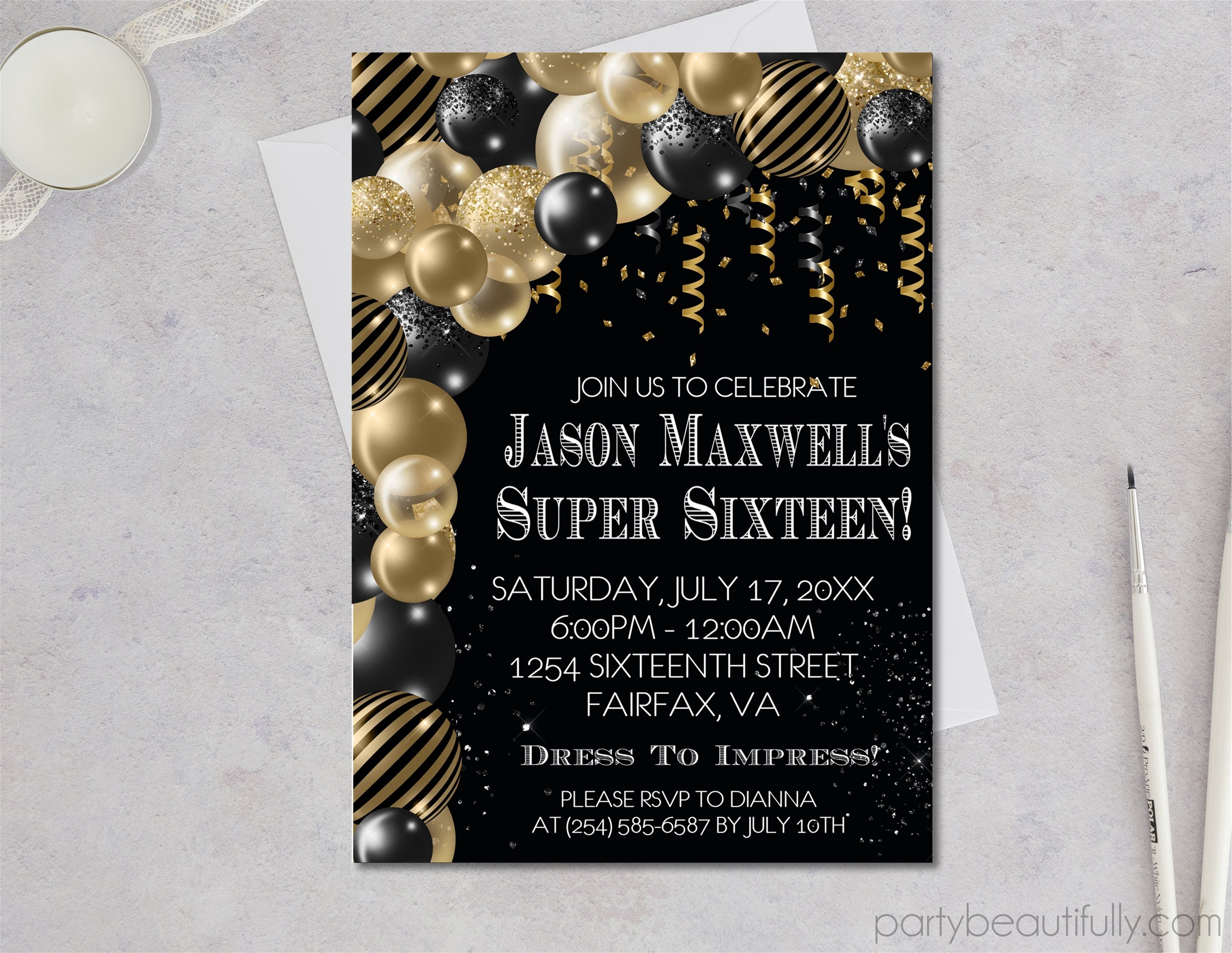 Black And Gold Balloon Super 16 Birthday Party Invitations