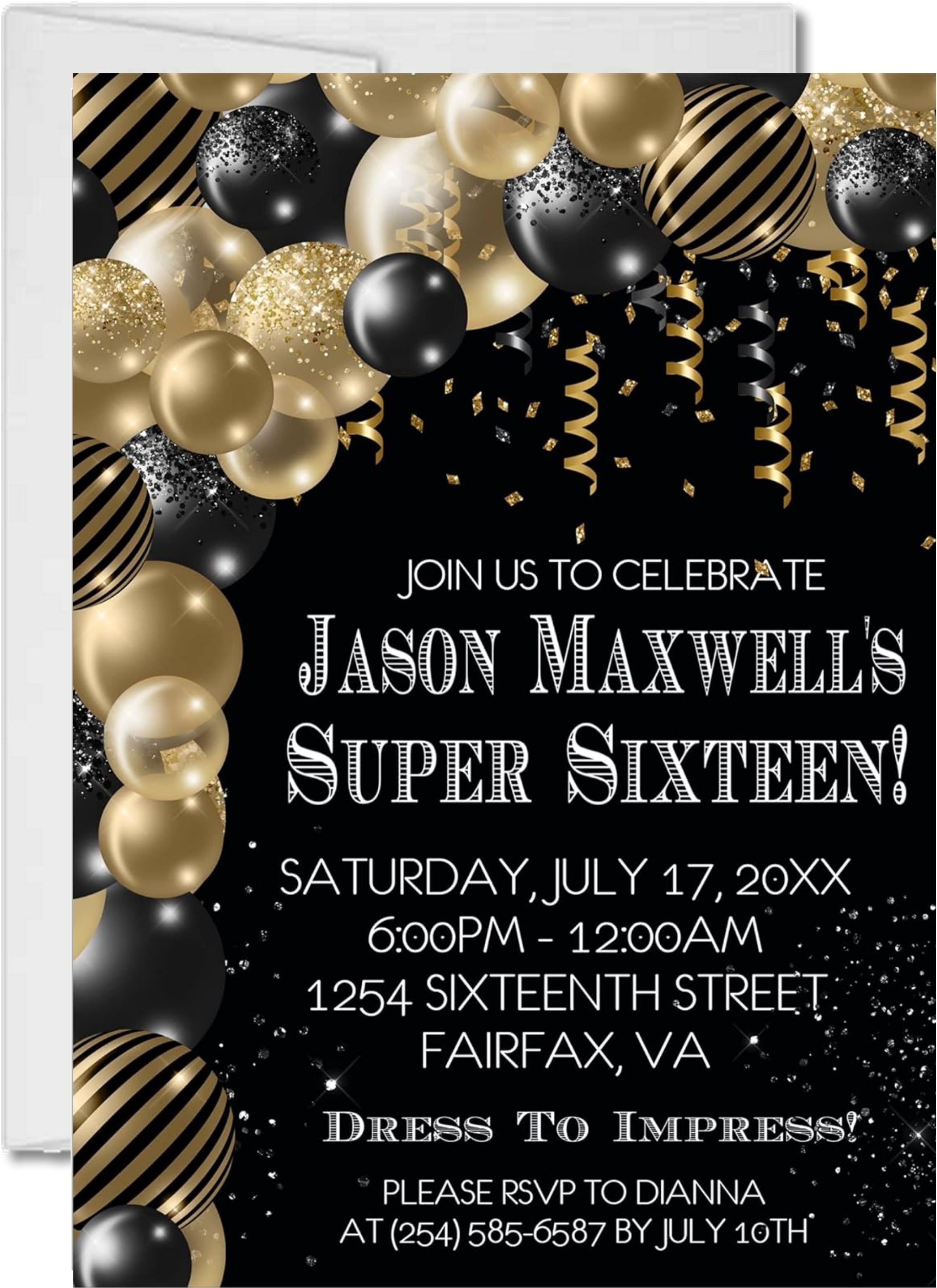 Black And Gold Balloon Super 16 Birthday Party Invitations