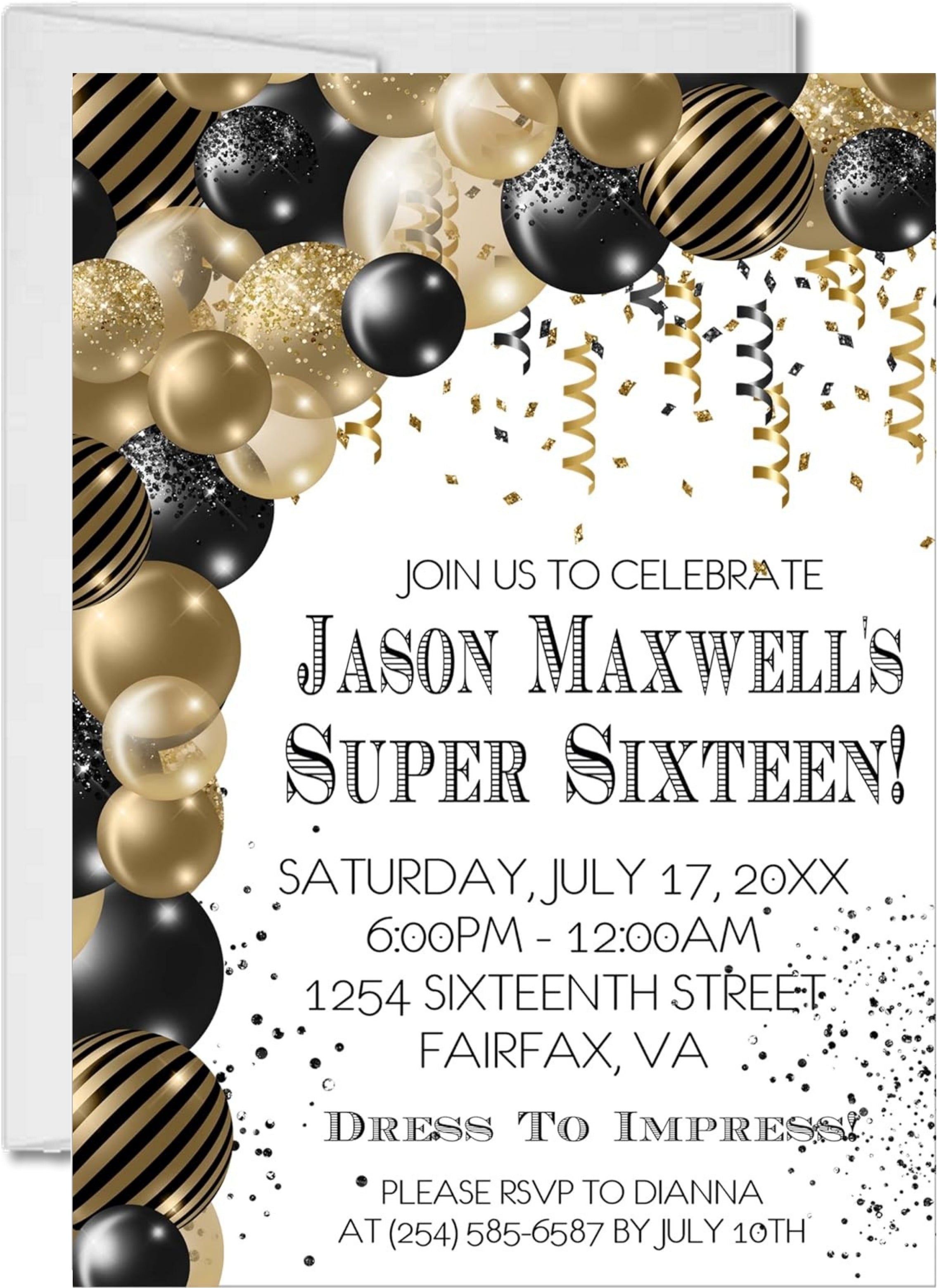 Black And Gold Balloon Super 16 Birthday Party Invitations