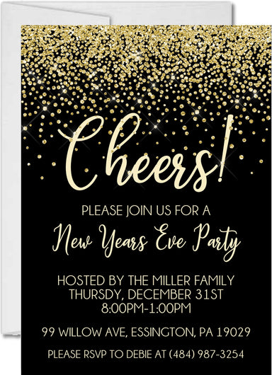 Black And Gold Confetti New Years Eve Party Invitations