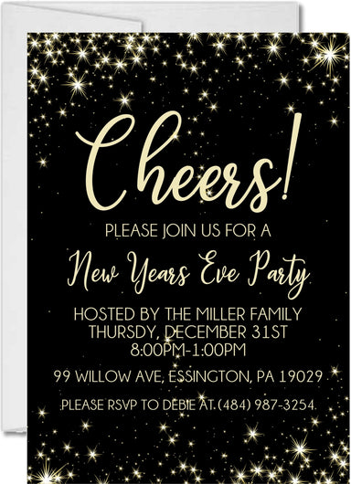 Black And Gold Stars New Years Eve Party Invitations