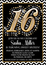 Black And Gold Sweet 16 Party Invitations