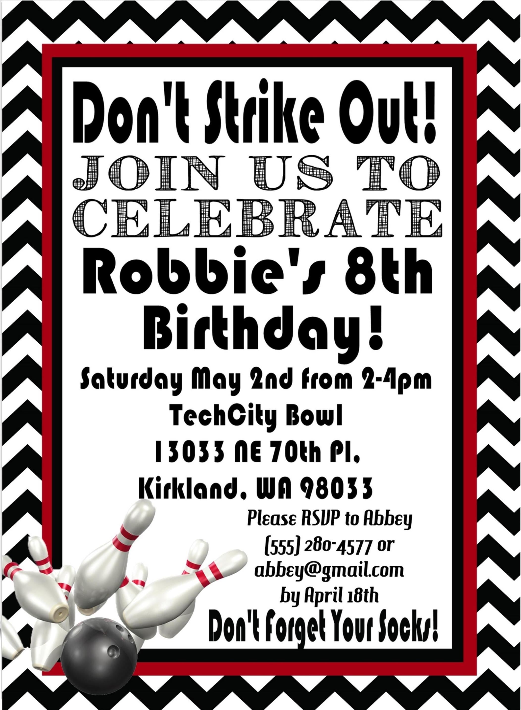 Black And Red Bowling Birthday Party Invitations