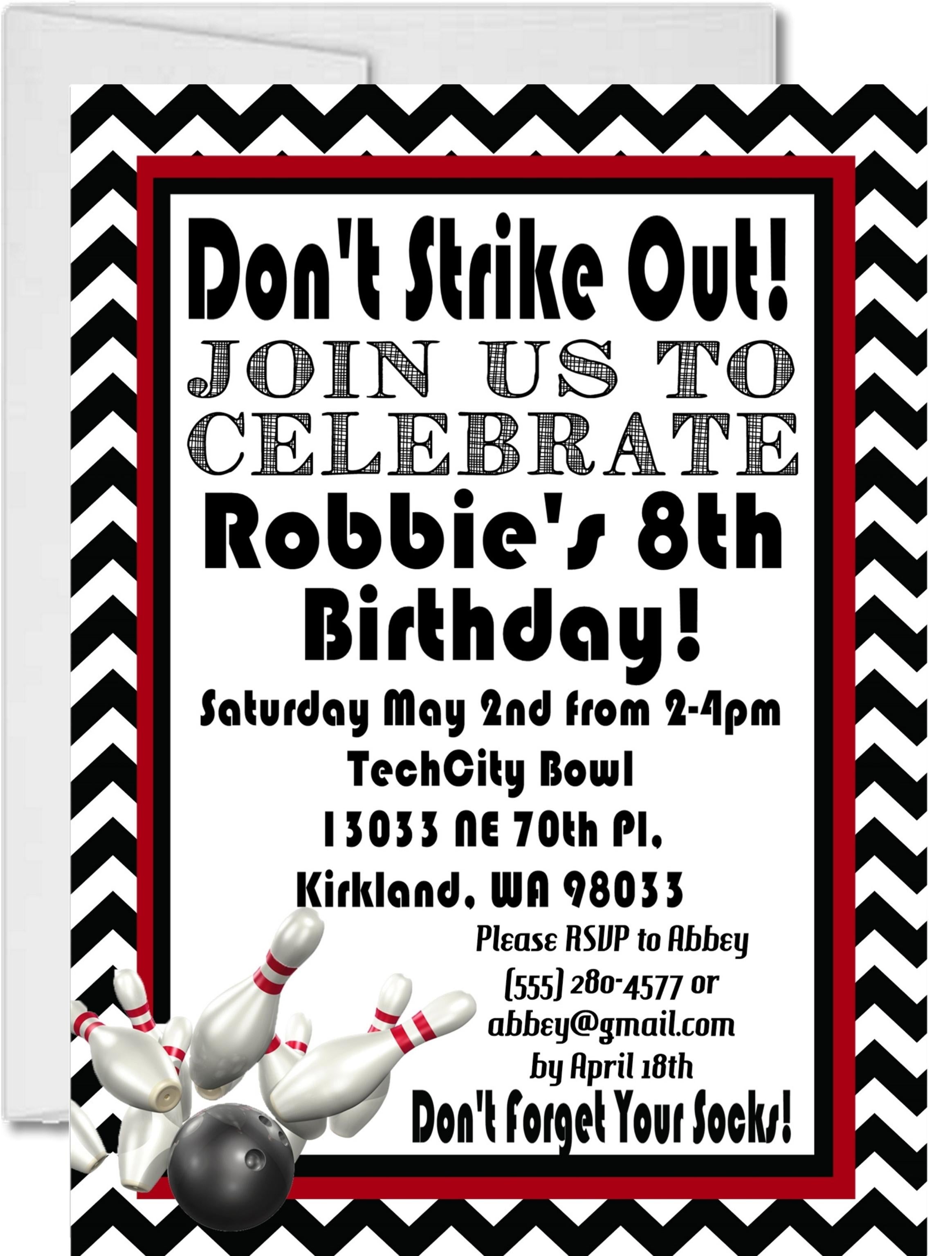 Black And Red Bowling Birthday Party Invitations