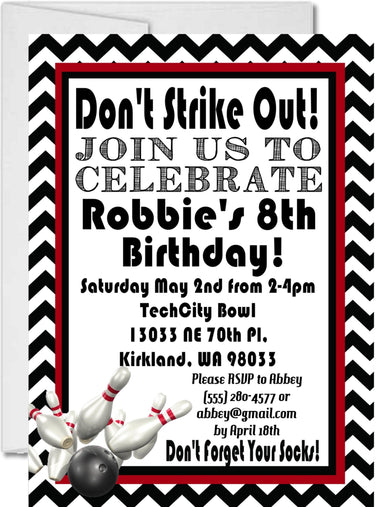 Black And Red Bowling Birthday Party Invitations