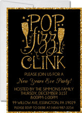 Black and gold New Year's Eve invitation featuring Pop Fizz Clink wording and festive celebration accents