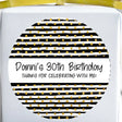 Black and gold striped birthday sticker with dotted accents