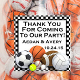 Black and white checkerboard sports birthday sticker with personalized thank you text