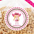 Blonde cowgirl birthday sticker in pink outfit and hat