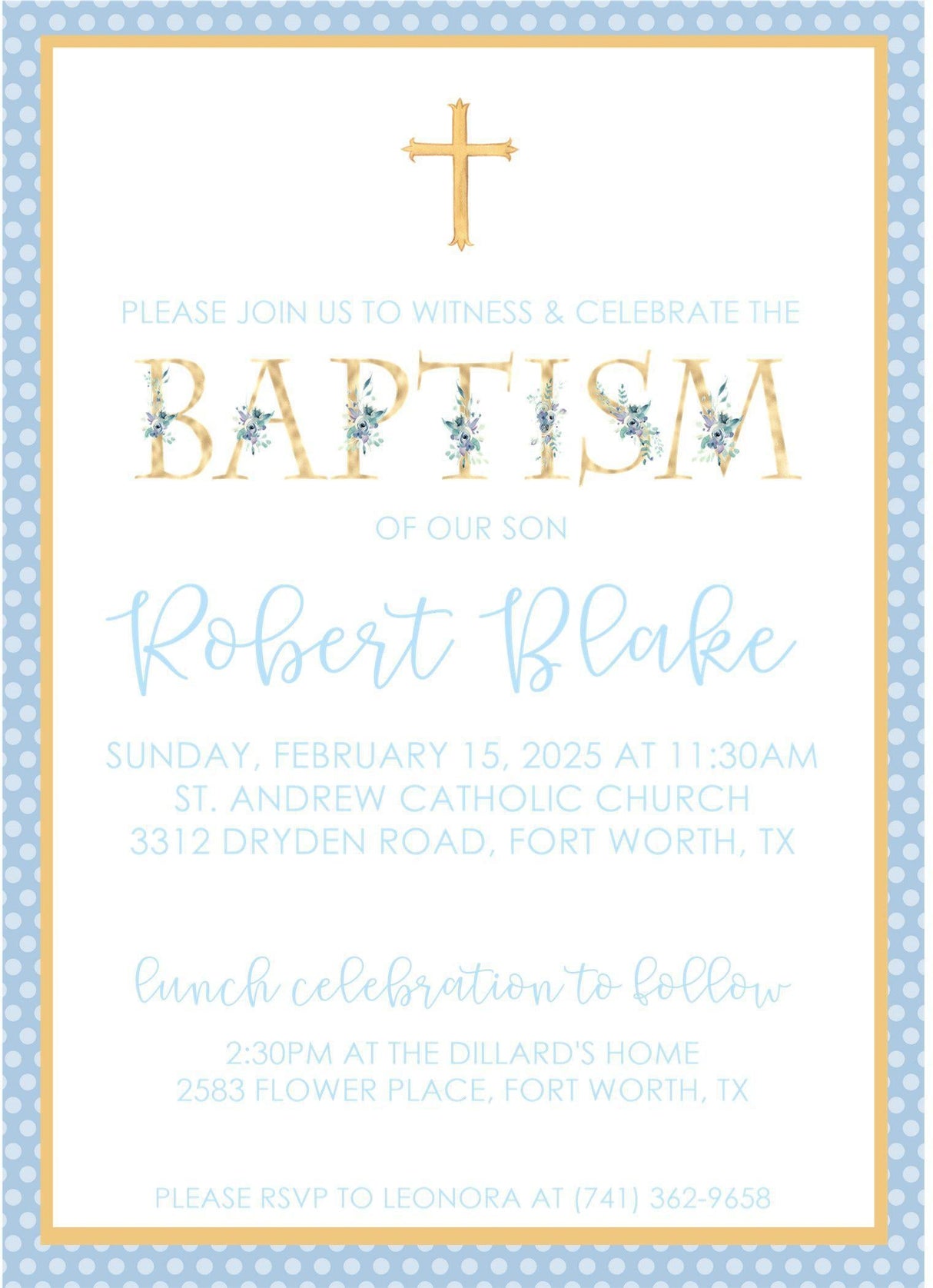 Blue And Gold Baptism Invitations