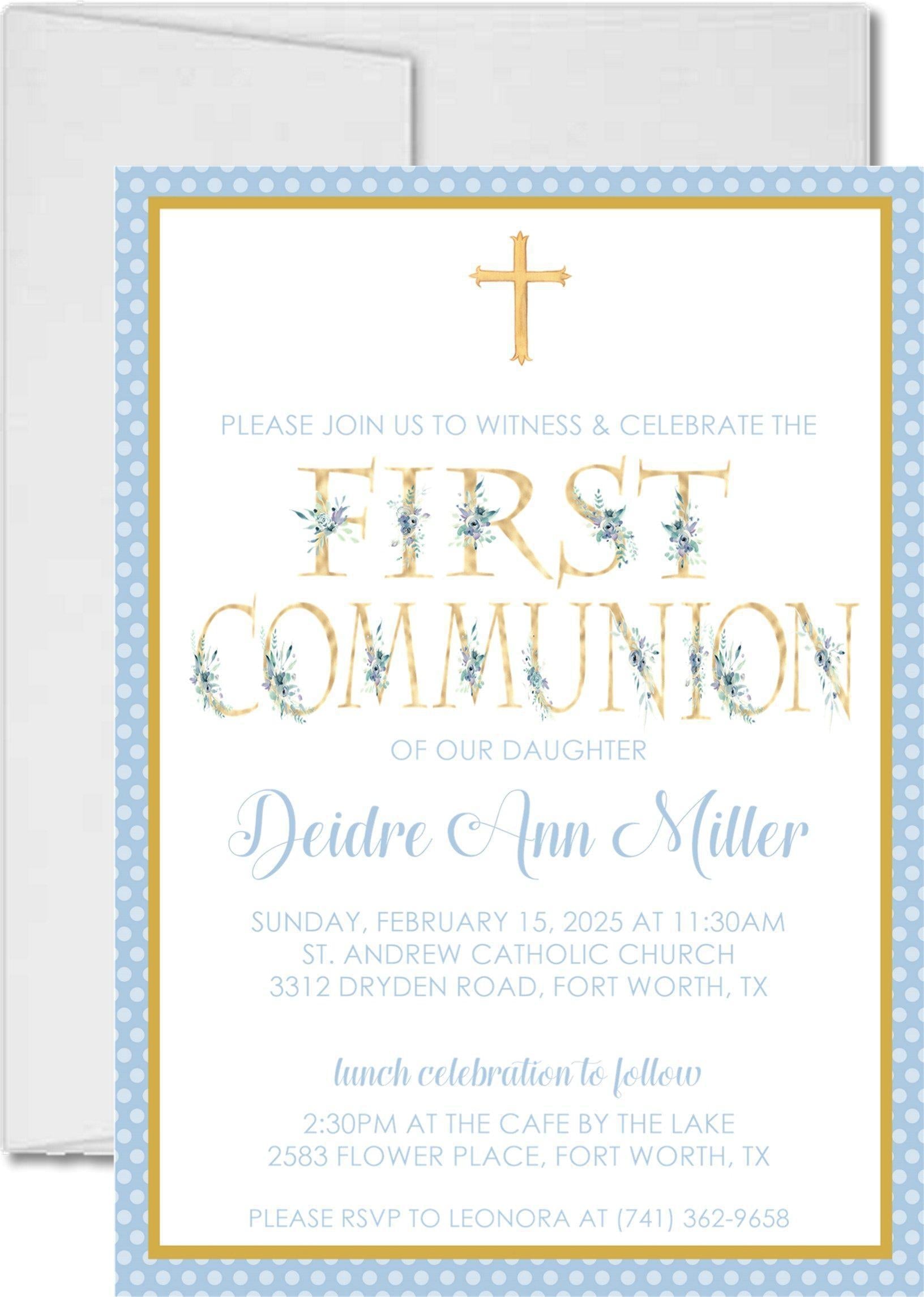 Blue And Gold First Communion Invitations