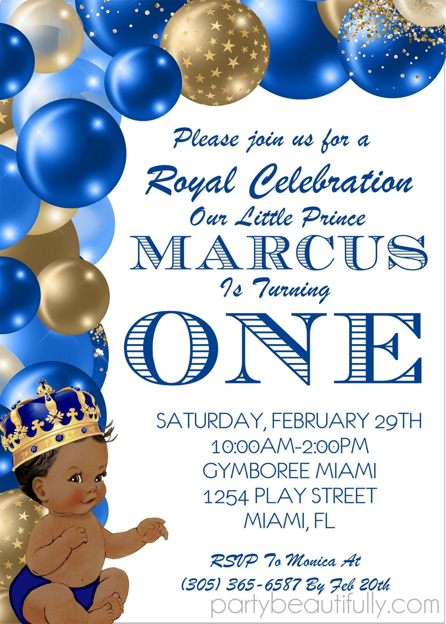 Blue And Gold Prince 1st Birthday Party Invitations